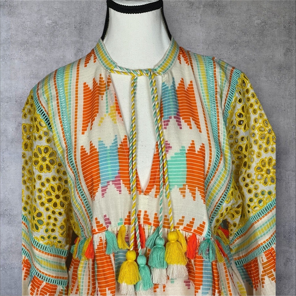 Alice And Olivia Ikat- Print Pullover Top Womens S Tassels Babydoll Boho Coastal - Picture 3 of 7